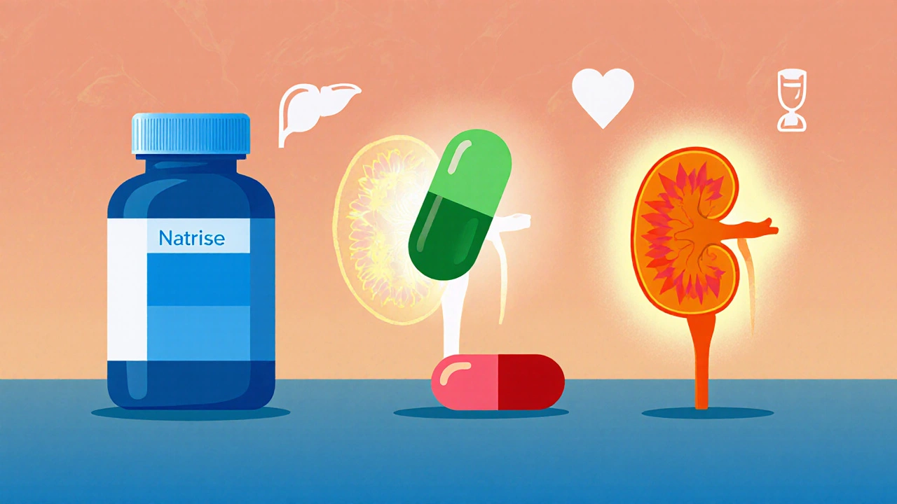 Illustration compares Natrise, Lixivaptan, ACE inhibitor and ARB pills with kidney icons.