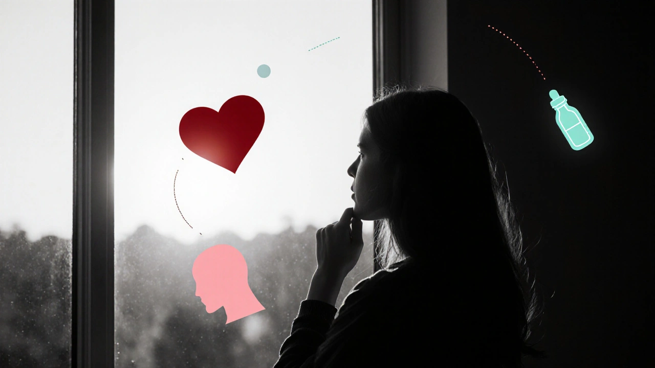 Woman near a window with floating heart, skin, and baby bottle icons in limited colors.